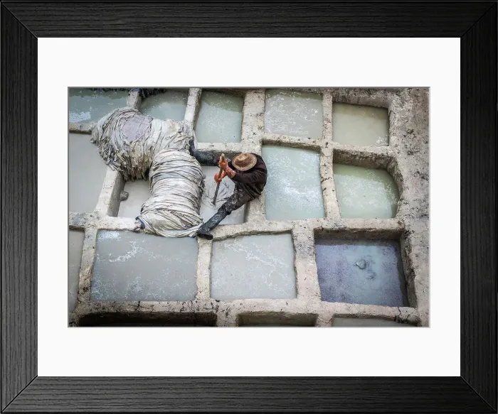 Framed Print : Worker at leather tannery, Fez, Morocco Framed Print : Worker at leather tannery, Fez, Morocco