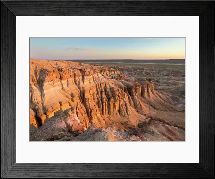 Framed Print : Tourist atop the sand-cliffs of Tsagaan Suvarga (White Stupa) at sunrise, Mongolia Framed Print : Tourist atop the sand-cliffs of Tsagaan Suvarga (White Stupa) at sunrise, Mongolia
