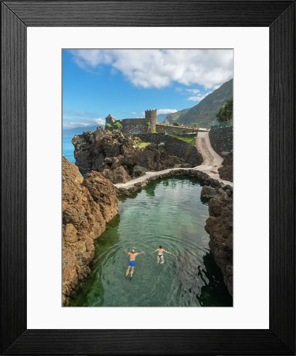Framed Print : Elevated view of couple swimming in natural volcanic rock pools near Aquarium of Madeira (Aquario da Madeira), Porto Moniz, Madeira, Portugal Framed Print : Elevated view of couple swimming in natural volcanic rock pools near Aquarium of Madeira (Aquario da Madeira), Porto Moniz, Madeira, Portugal