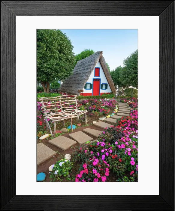 Framed Print : Traditional thatch house with flowers, Santana, Madeira, Portugal Framed Print : Traditional thatch house with flowers, Santana, Madeira, Portugal