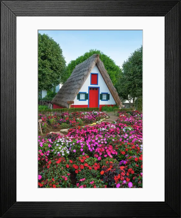 Framed Print : Traditional thatch house with flowers, Santana, Madeira, Portugal