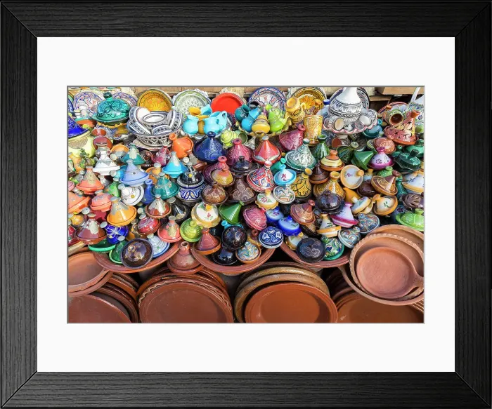 Framed Print : Traditional ceramics for sale at stall in medina, Meknes, Morocco Framed Print : Traditional ceramics for sale at stall in medina, Meknes, Morocco