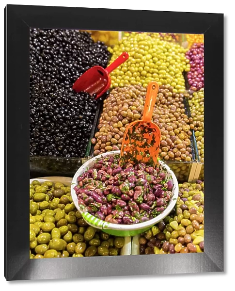 Olives for sale at stall in medina, Meknes, Morocco