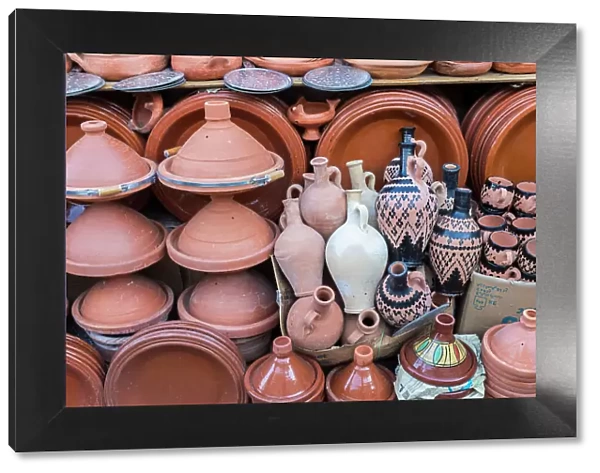 Pottery for sale at stall in medina, Meknes, Morocco