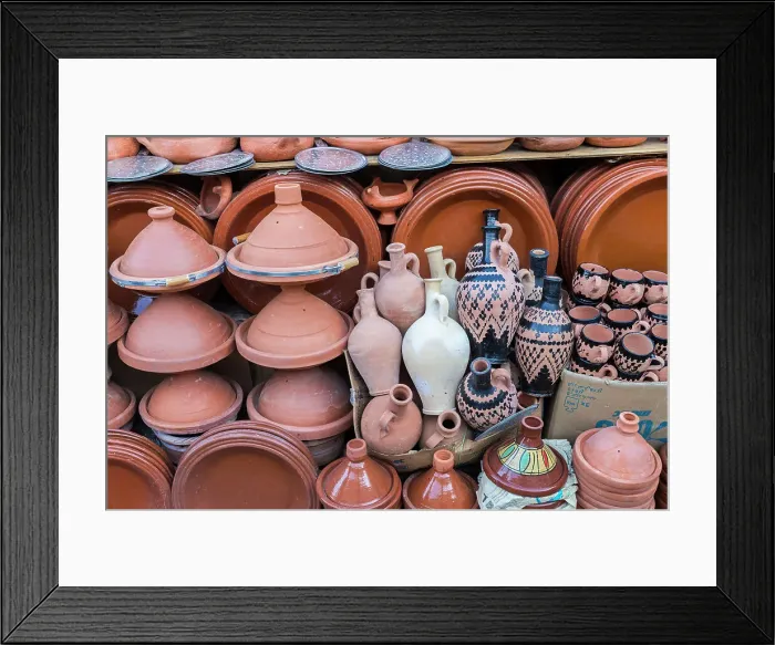 Framed Print : Pottery for sale at stall in medina, Meknes, Morocco Framed Print : Pottery for sale at stall in medina, Meknes, Morocco
