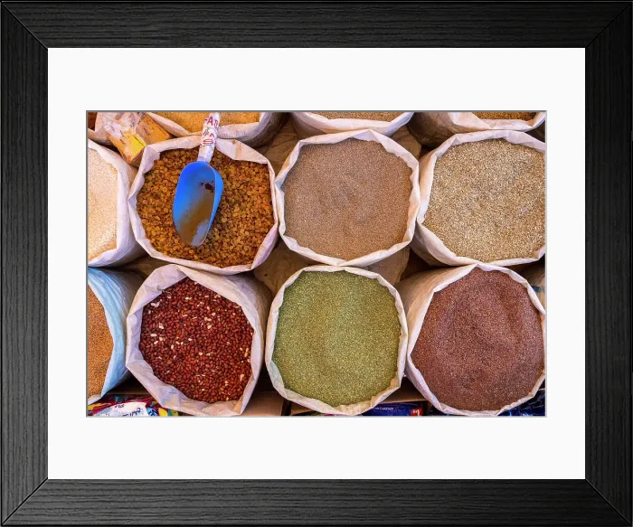 Framed Print : Nuts and grains displayed at market stall, Skoura, Morocco Framed Print : Nuts and grains displayed at market stall, Skoura, Morocco