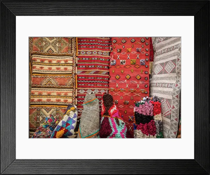 Framed Print : Kilms for sale at shop in medina (old city), Essaouira, Morocco Framed Print : Kilms for sale at shop in medina (old city), Essaouira, Morocco
