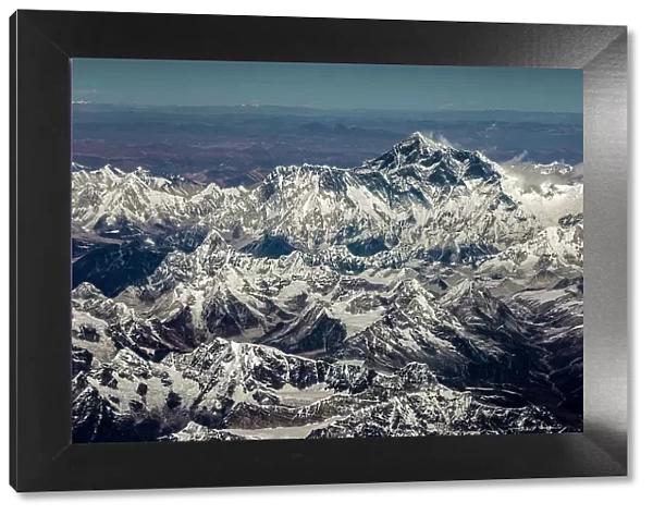 Aerial of Mount Everest & Himalaya range on Paro to Kathmandu flight, Nepal