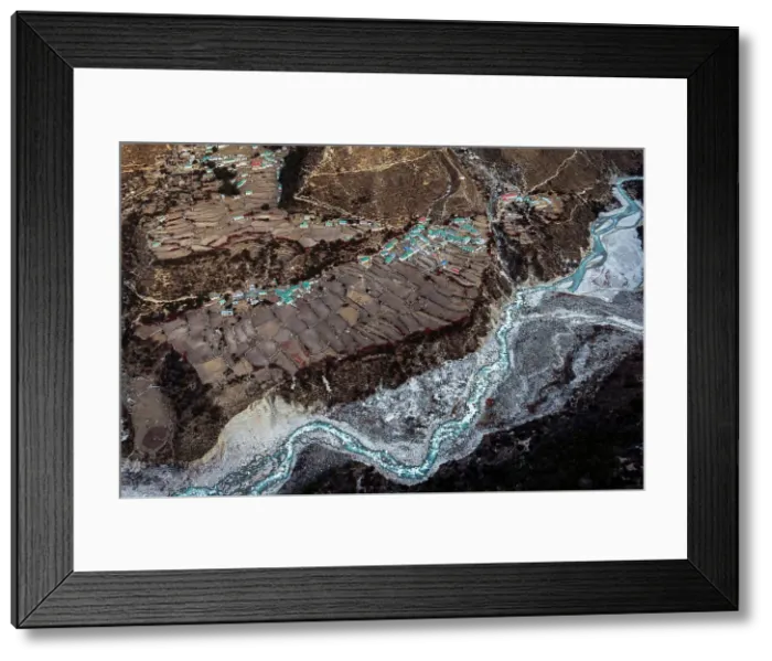 Framed Print : Aerial of Pangboche village and Imja Khole valley, Solukhumbu, Nepal Framed Print : Aerial of Pangboche village and Imja Khole valley, Solukhumbu, Nepal