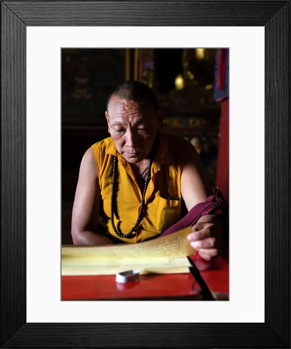 Framed Print : Monk reading sacred texts in monastery at Boudhanath, Kathmandu, Nepal