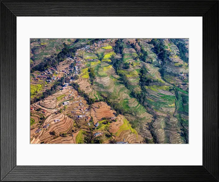 Framed Print : Aerial of villages and terraced fields in the Kathmandu Valley, Nepal Framed Print : Aerial of villages and terraced fields in the Kathmandu Valley, Nepal