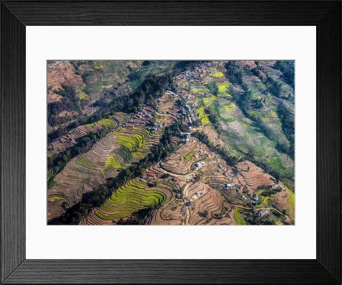 Framed Print : Aerial of villages and terraced fields in the Kathmandu Valley, Nepal Framed Print : Aerial of villages and terraced fields in the Kathmandu Valley, Nepal