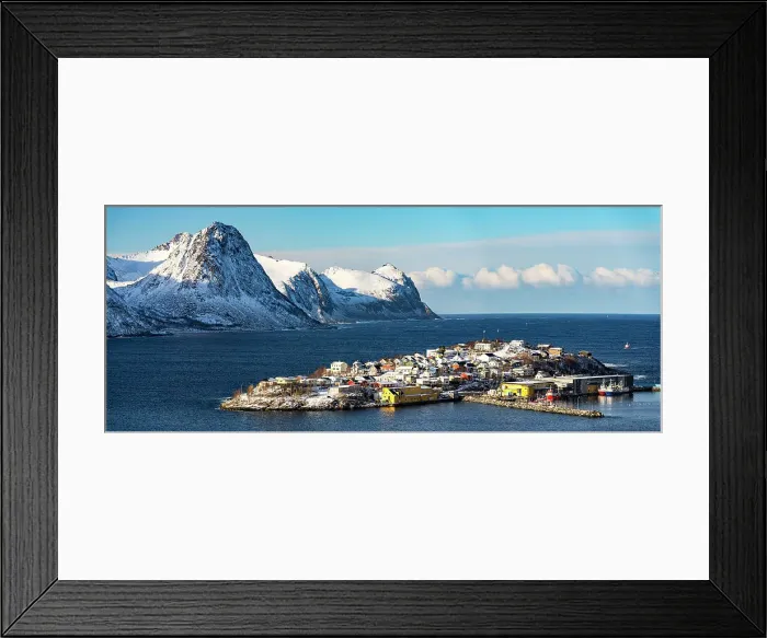 Framed Print : Panoramic of Husoy island and small harbor in between sea and snowy mountains, Senja, Troms county, Norway Framed Print : Panoramic of Husoy island and small harbor in between sea and snowy mountains, Senja, Troms county, Norway
