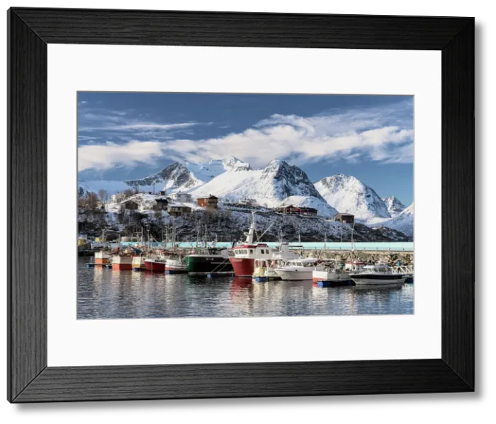 Framed Print : Fishing boats moored in the harbor surrounded by snowcapped mountains, Husoy, Senja, Troms county, Norway