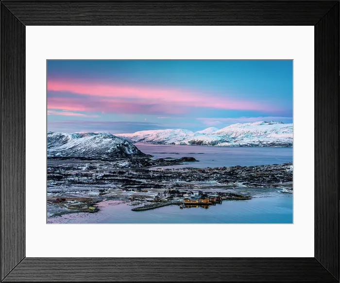 Framed Print : High angle view of the fishing village and harbor of Brensholmen covered with snow at dawn, Sommaroy, Troms county, Norway Framed Print : High angle view of the fishing village and harbor of Brensholmen covered with snow at dawn, Sommaroy, Troms county, Norway