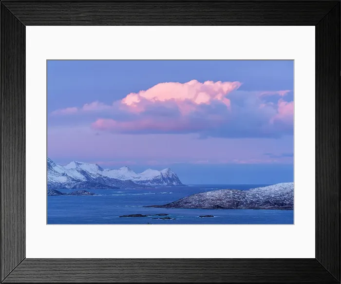 Framed Print : Pink sunrise over the cold arctic sea and snowy mountains of Senja island, Troms county, Norway Framed Print : Pink sunrise over the cold arctic sea and snowy mountains of Senja island, Troms county, Norway