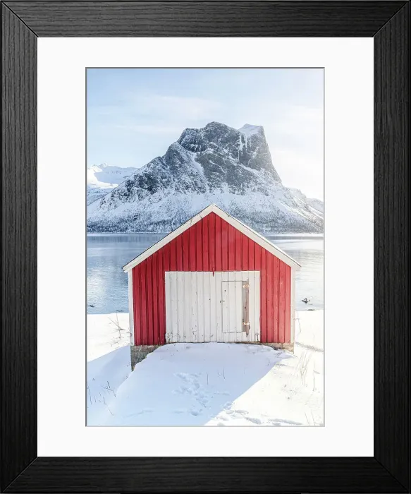 Framed Print : Sunlight over snowy mountains and fisherman cabin overlooking the arctic sea, Bergsfjord, Senja, Troms county, Norway Framed Print : Sunlight over snowy mountains and fisherman cabin overlooking the arctic sea, Bergsfjord, Senja, Troms county, Norway