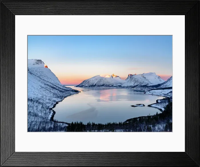 Framed Print : Snowy mountain peaks reflected in the frozen sea at dawn from Bergsfjord viewpoint, Senja, Troms county, Norway Framed Print : Snowy mountain peaks reflected in the frozen sea at dawn from Bergsfjord viewpoint, Senja, Troms county, Norway