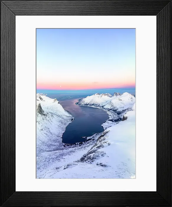 Framed Print : Aerial panoramic of snowcapped mountains and coastal village of Bergsfjord at winter dawn, Senja, Troms county, Norway Framed Print : Aerial panoramic of snowcapped mountains and coastal village of Bergsfjord at winter dawn, Senja, Troms county, Norway