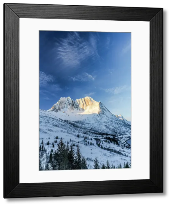 Framed Print : Sunrise over the snowy Breidtinden mountain surrounded by a frozen forest, Mefjorden, Senja, Troms county, Norway Framed Print : Sunrise over the snowy Breidtinden mountain surrounded by a frozen forest, Mefjorden, Senja, Troms county, Norway