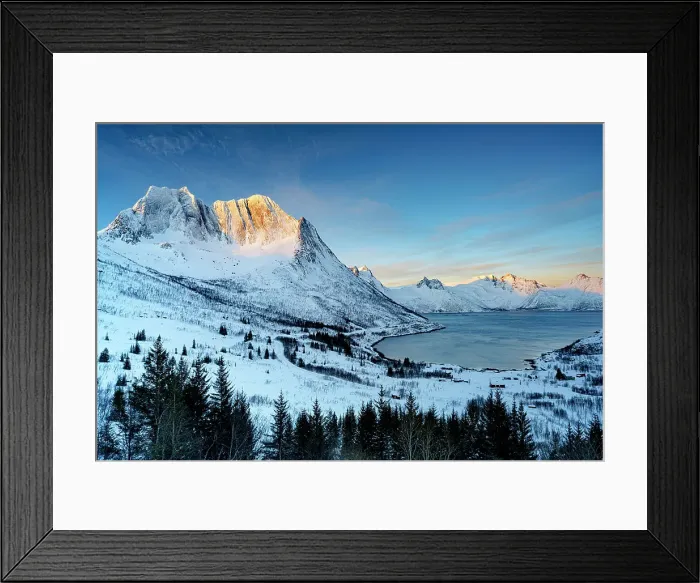Framed Print : Snowy forest with Breidtinden mountain and fishing village of Mefjordbotn on background, Mefjorden, Senja, Troms county, Norway