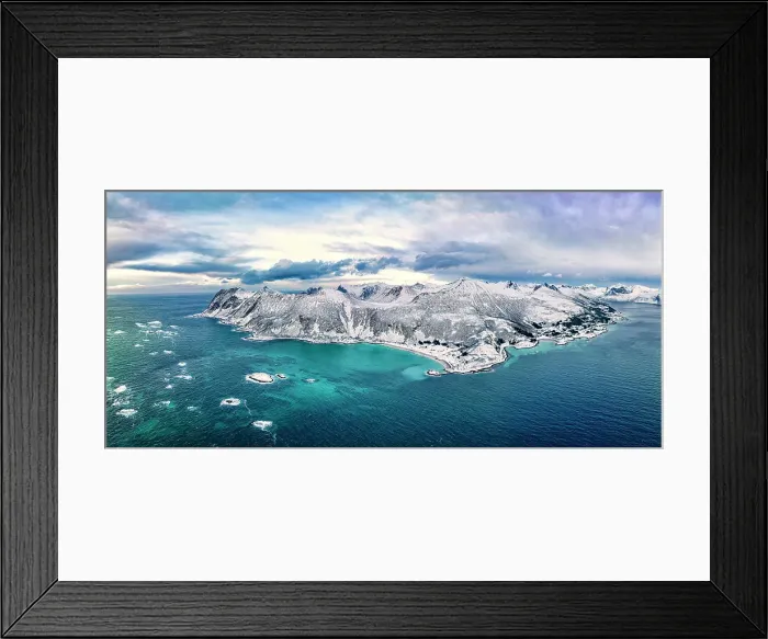 Framed Print : Aerial panoramic view of Bovaer beach and majestic cliffs in the crystal cold sea, Skaland, Senja, Troms county, Norway Framed Print : Aerial panoramic view of Bovaer beach and majestic cliffs in the crystal cold sea, Skaland, Senja, Troms county, Norway