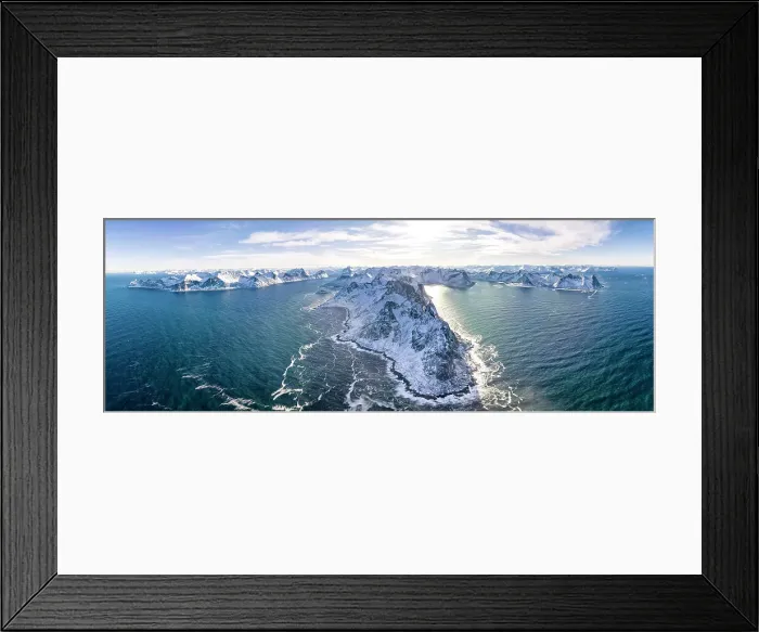 Framed Print : Panoramic aerial view of waves crashing on snowy mountains, Mefjorden, Senja, Troms county, Norway Framed Print : Panoramic aerial view of waves crashing on snowy mountains, Mefjorden, Senja, Troms county, Norway