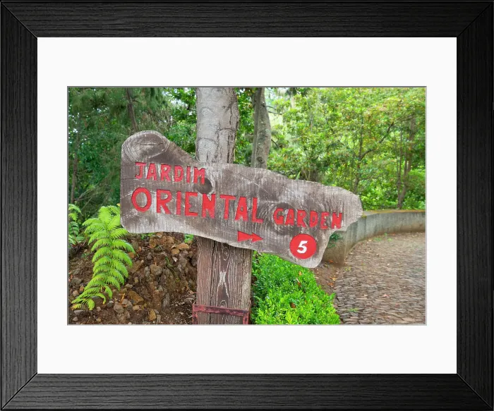 Framed Print : Wooden trail sign at Monte Palace Tropical Garden, Funchal, Madeira, Portugal Framed Print : Wooden trail sign at Monte Palace Tropical Garden, Funchal, Madeira, Portugal