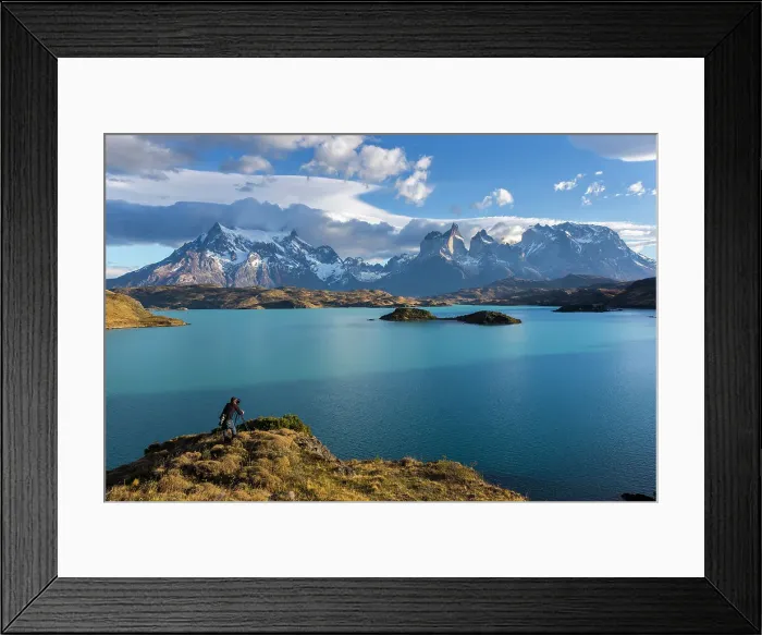 Framed Print : Photographer shooting Cuernos del Paine and Lake Pehoe, Torres del Paine National Park, Patagonia, Chile Framed Print : Photographer shooting Cuernos del Paine and Lake Pehoe, Torres del Paine National Park, Patagonia, Chile