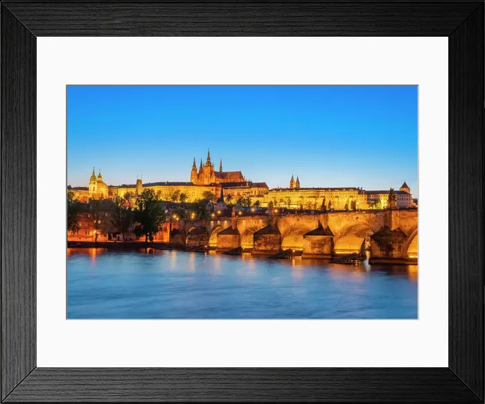 Framed Print : Illuminated Prague Castle and Charles Bridge at night, Prague, Bohemia, Czech Republic