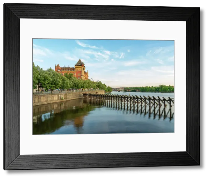 Framed Print : Historic Bellevue building and wooden icebreaker on Vltava river, Prague, Bohemia, Czech Republic Framed Print : Historic Bellevue building and wooden icebreaker on Vltava river, Prague, Bohemia, Czech Republic