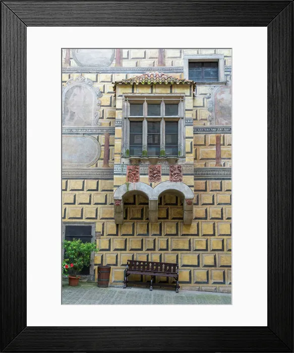 Framed Print : Detail of facade and window at premises of Cesky Krumlov Castle and Chateau, Cesky Krumlov, South Bohemian Region, Czech Republic