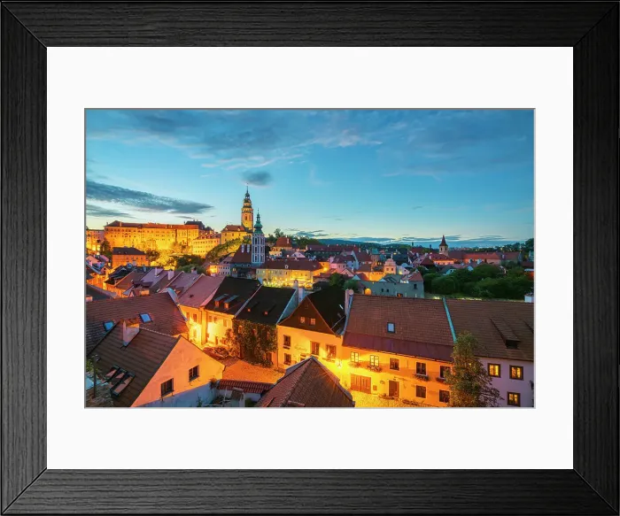 Framed Print : Historic center of Cesky Krumlov as seen from Seminar Garden at night, Cesky Krumlov, South Bohemian Region, Czech Republic