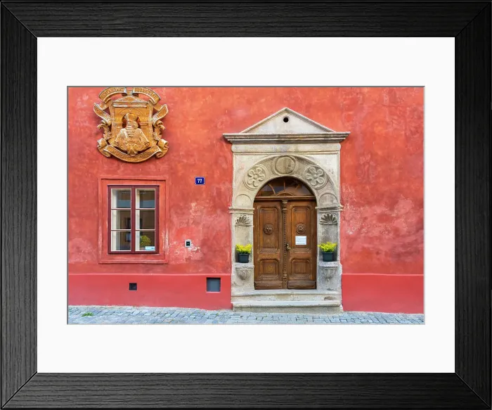 Framed Print : Facade of red house in Historic Center of Cesky Krumlov, UNESCO, Cesky Krumlov, South Bohemian Region, Czech Republic