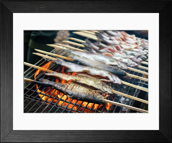 Framed Print : Fresh fish on grill at food stand during fish harvest, Rozmberk Pond, Trebon, Jindrichuv Hradec District, South Bohemian Region, Czech Republic Framed Print : Fresh fish on grill at food stand during fish harvest, Rozmberk Pond, Trebon, Jindrichuv Hradec District, South Bohemian Region, Czech Republic