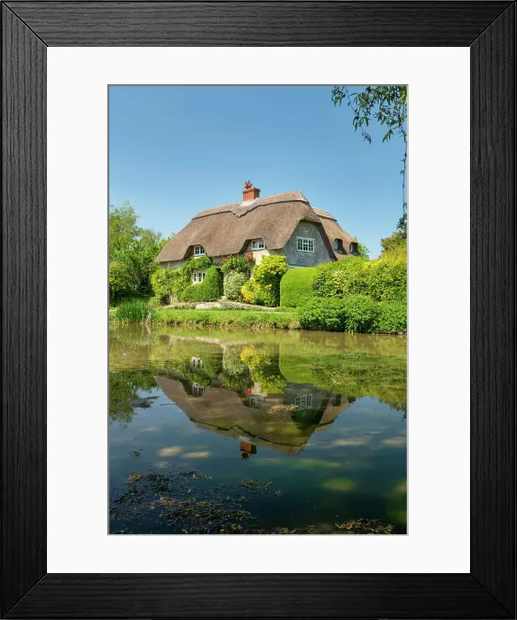 Framed Print : Thatched Cottage Reflecting in Village Pond, Sherrington, Wiltshire, England Framed Print : Thatched Cottage Reflecting in Village Pond, Sherrington, Wiltshire, England