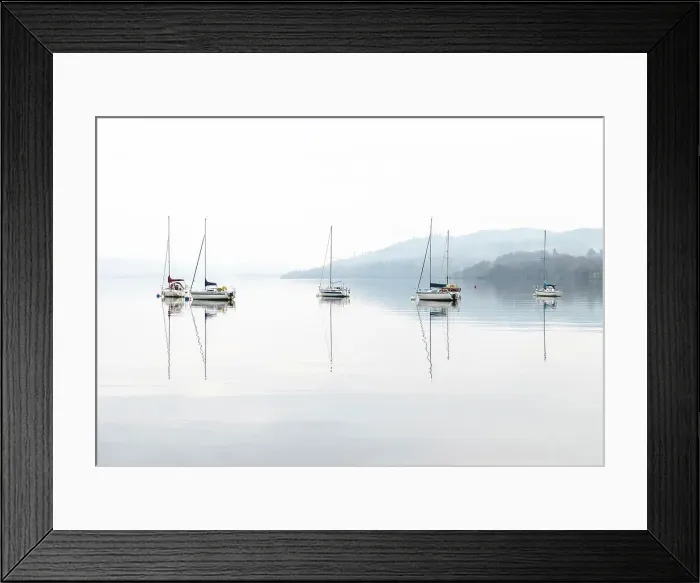 Framed Print : Sailing boats reflected in Windermere on a misty autumnal morning, Lake District National Park, Cumbria, England Framed Print : Sailing boats reflected in Windermere on a misty autumnal morning, Lake District National Park, Cumbria, England