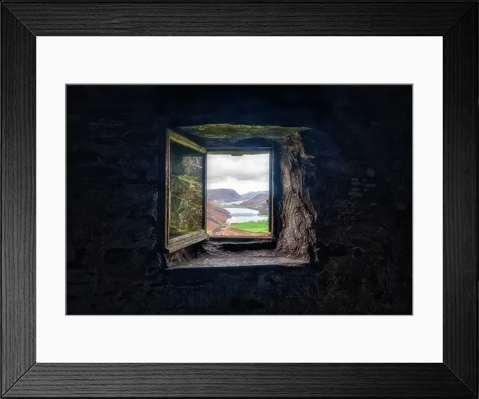 Framed Print : Buttermere and Crummock Water as seen through the window of the Warnscale Bothy, a mountain shelter near Buttermere, Lake District National Park, Cumbria, England Framed Print : Buttermere and Crummock Water as seen through the window of the Warnscale Bothy, a mountain shelter near Buttermere, Lake District National Park, Cumbria, England