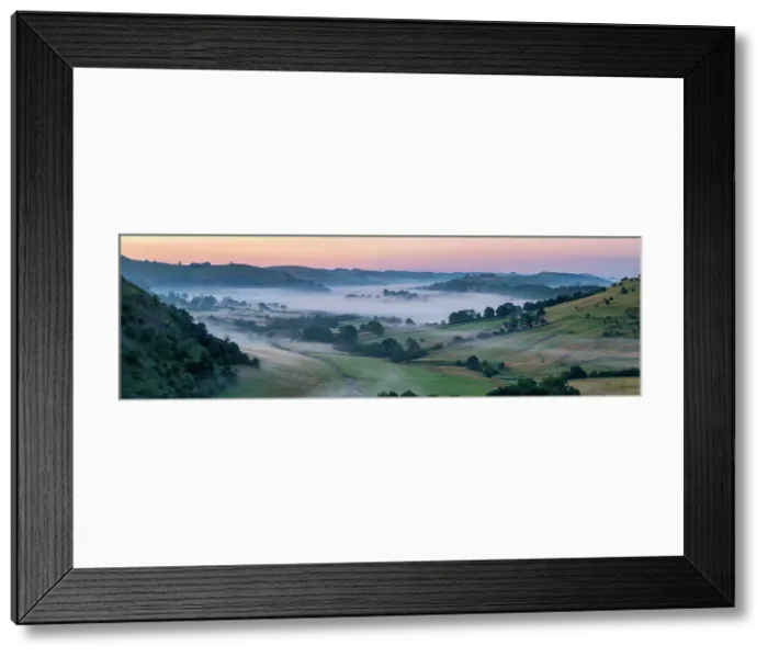 Framed Print : Mist in Valley at Dawn, Earl Sterndale, Peak District National Park, Derbyshire, England Framed Print : Mist in Valley at Dawn, Earl Sterndale, Peak District National Park, Derbyshire, England