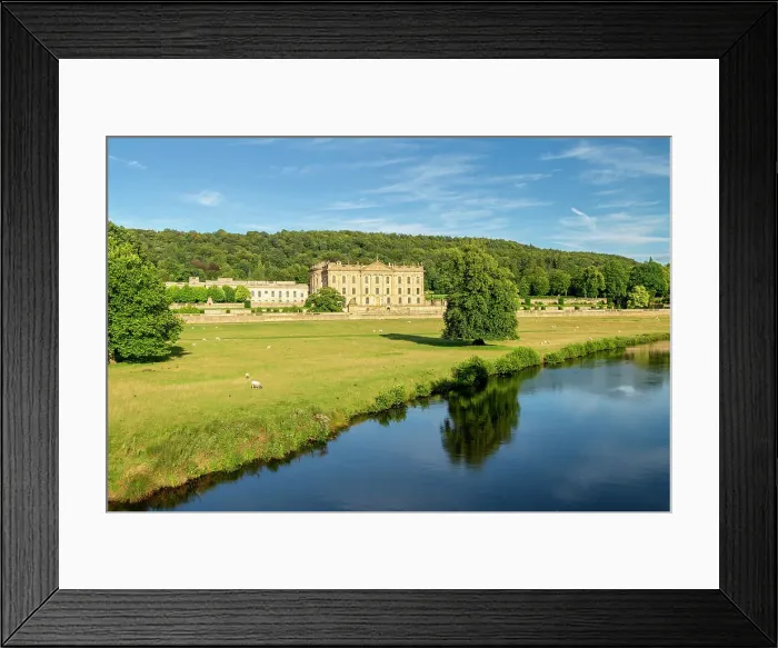 Framed Print : Chatsworth House along River Derwent, Peak District National Park, Derbyshire, England Framed Print : Chatsworth House along River Derwent, Peak District National Park, Derbyshire, England