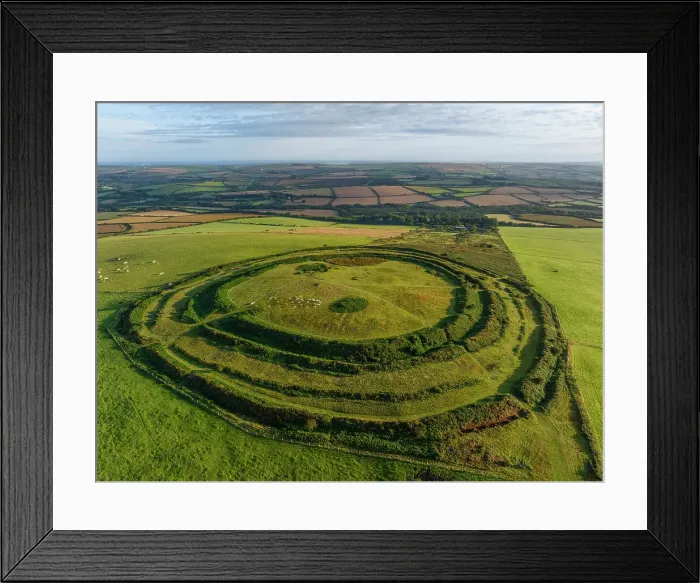 Framed Print : Aerial view of Castle an Dinas Iron Age Hillfort on Castle Downs near St Columb Major, Cornwall, England. Summer (August) 2023