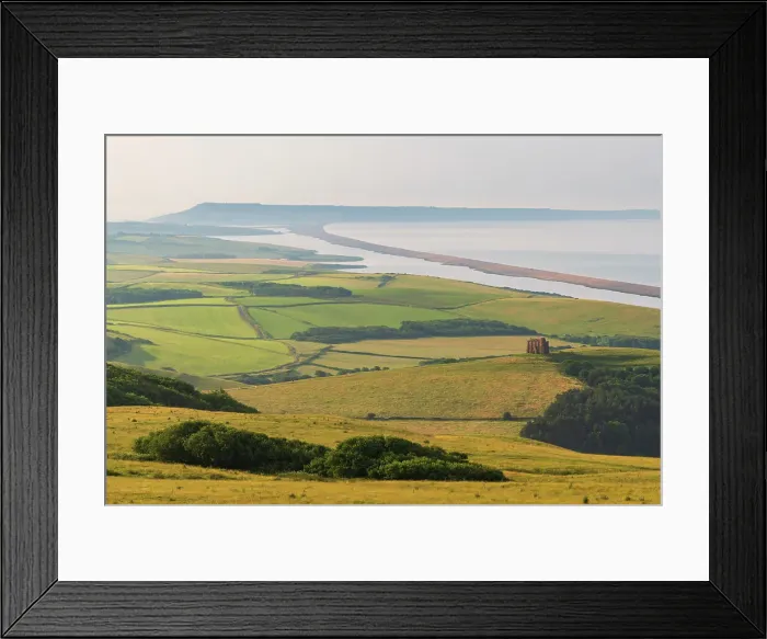 Framed Print : View over West Dorset's rolling countryside to St Catherine's Chapel and Chesil Beach, Dorset, England Framed Print : View over West Dorset's rolling countryside to St Catherine's Chapel and Chesil Beach, Dorset, England