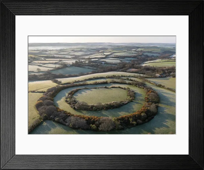 Framed Print : Aerial view of Tregeare Rounds Iron Age Hillfort near Pendoggett in North Cornwall, England. Spring (April) 2021
