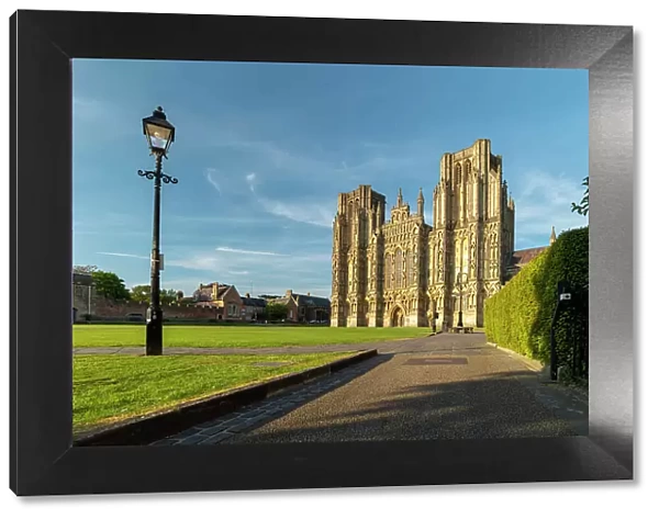The magnificent west face of Wells Cathedral on a sunny Spring evening, Wells, Somerset, England. Spring (May) 2019