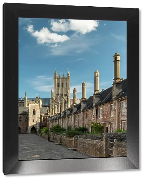 Wells Cathedral towering over Vicars Close in Wells, Somerset, England. Spring (May) 2019