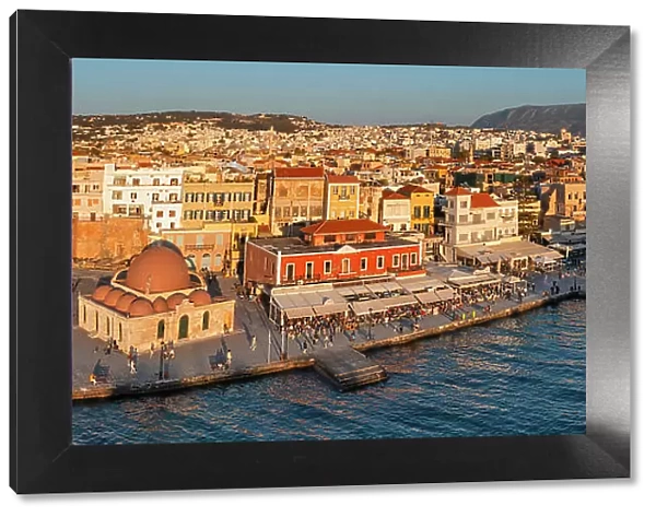 Old Ventian harbour with Hassan Pascha mosque, Chania, Crete, Greek Islands, Greece