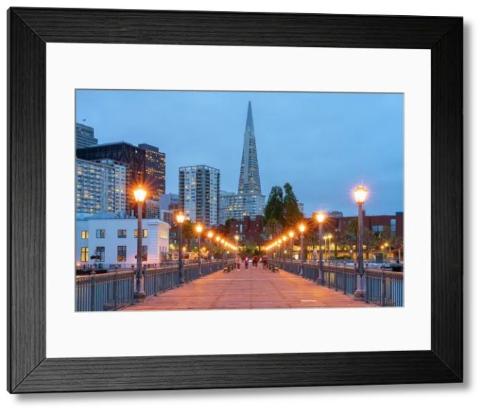 Framed Print : Transamerica Pyramid seen from illuminated Pier 7 at twilight, San Francisco, San Francisco Peninsula, San Francisco Bay Area, California, USA
