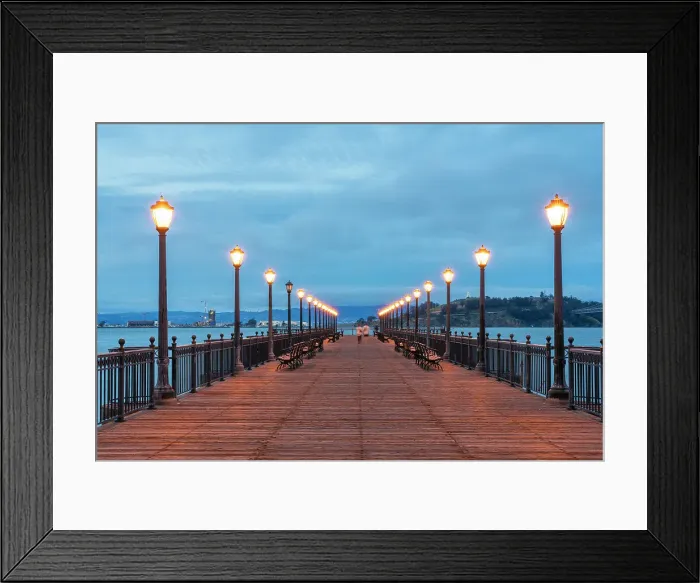 Framed Print : People walking at illuminated Pier 7 during twilight, San Francisco, San Francisco Peninsula, San Francisco Bay Area, California, USA