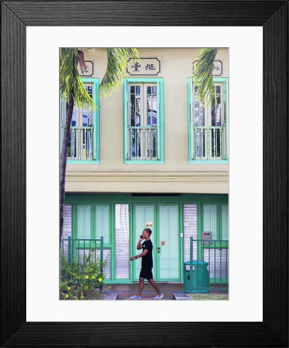 Framed Print : Man walking past traditional Peranakan shophouse, Tanjong Pagar, Singapore Framed Print : Man walking past traditional Peranakan shophouse, Tanjong Pagar, Singapore