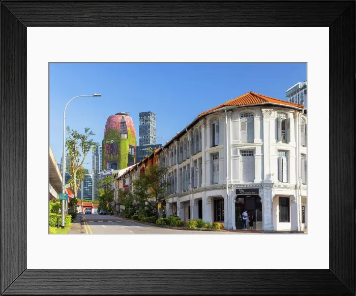 Framed Print : Traditional Peranakan shophouses and Oasia Hotel, Tanjong Pagar, Singapore